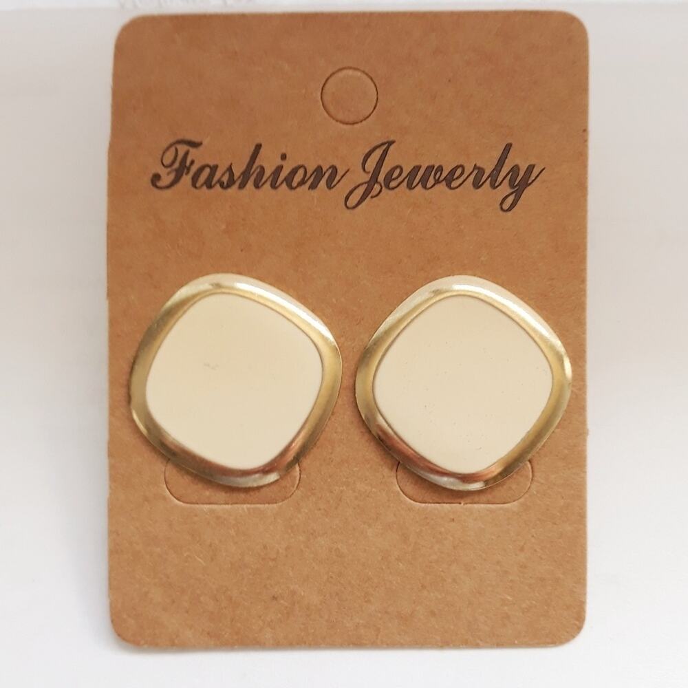 Vintage Stud Earrings Cream Gold Rounded Square